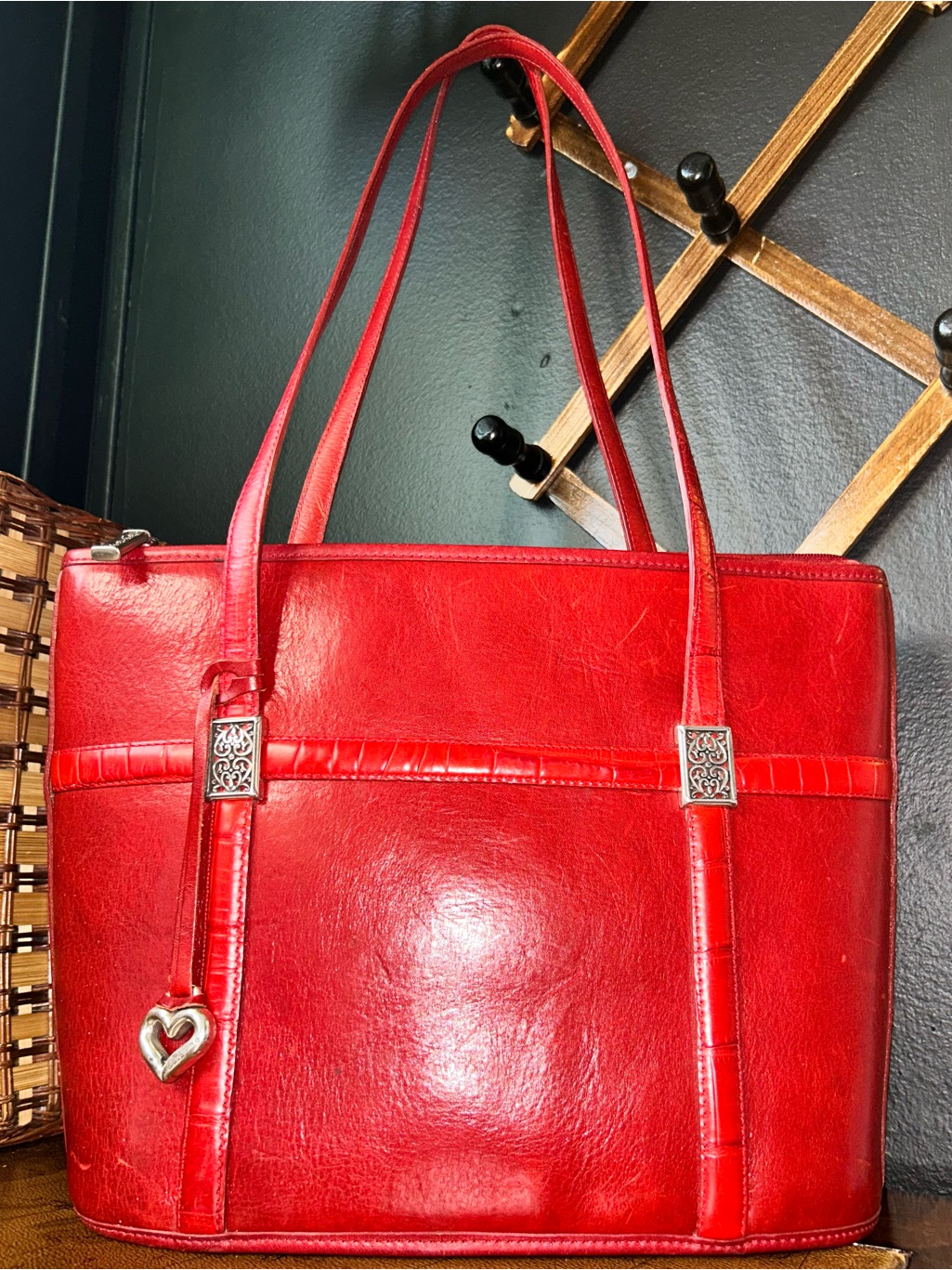 Vintage Brighton Red Leather Shoulder Tote Bag With Heart Bag Charm - Euc-